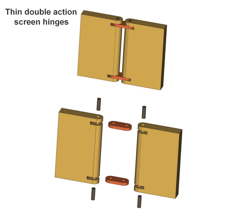 Thin double action screen hinges